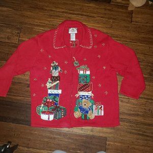 Vtg 2002 Tiara Women 1X Christmas Holiday‎ Zip Cardigan Teddy Bear & Presents